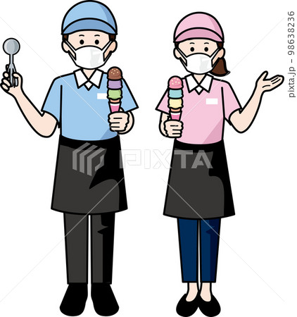 マスクをするアイスクリーム屋の店員　男性と女性 98638236