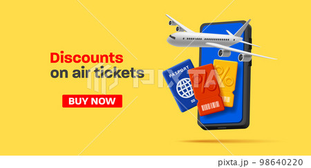 Airplane tickets discounts banner with 3d render illustration of a smartphone with passport and tickets 98640220