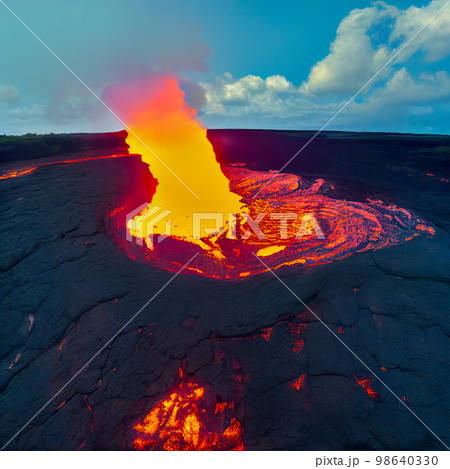 Volcano Landscape with Boiling Lava and Solidified Igneous Rock Volcano Landscape with Boiling Lava and Solidified Igneous Rock 98640330