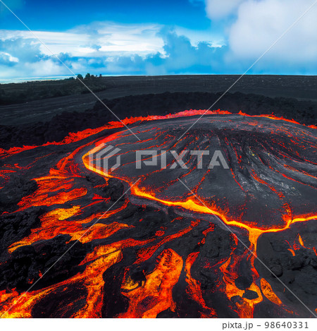 Volcano Landscape with Molten Lava and Solidified Igneous Rock Volcano Landscape with Molten Lava and Solidified Igneous Rock 98640331