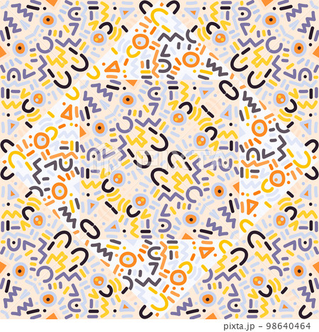 Decorative abstract shape mosaic seamless pattern ornament. Hand drawn circle shapes wallpaper. 98640464