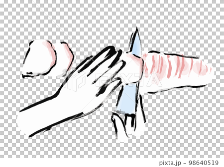 Hand-drawn Japanese-style illustration of sea bream being cut thinly Hand-drawn Japanese-style illustration of sea bream being cut thinly 98640519