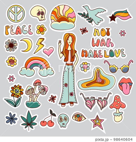 Hand drawn doodle Hippies stickers set. Not war make love, peace. Vector 70s. Hand drawn doodle Hippies stickers set. Not war make love, peace. Vector 70s. 98640604