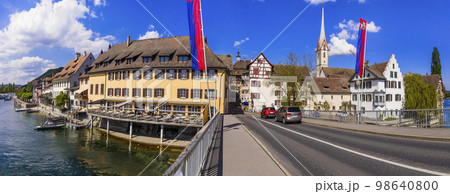 panoramic view of beautiful old town Stein am Rhein in Switzerland border with Germany. Popular tourist destination 98640800
