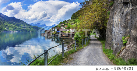 Beautiful scenic lakes of Switzerland - Walensee ,tranquil typical small village Quinten. Beautiful scenic lakes of Switzerland - Walensee ,tranquil typical small village Quinten. 98640801