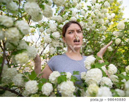 Unhappy woman with a clothespin on her nose on a walk in a blooming park. Unhappy woman with a clothespin on her nose on a walk in a blooming park. 98640880