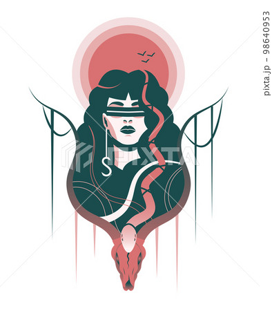 Illustration of a woman with snakes and skull. Illustration of a woman with snakes and skull. 98640953
