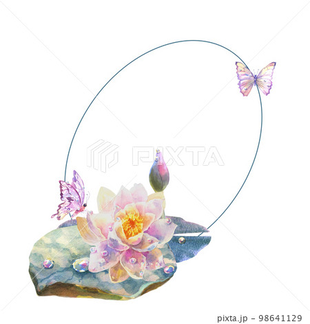watercolor wreath of water lily flowers with empty space for your text. Greeting card with watercolor wild flowers on a white background. 98641129
