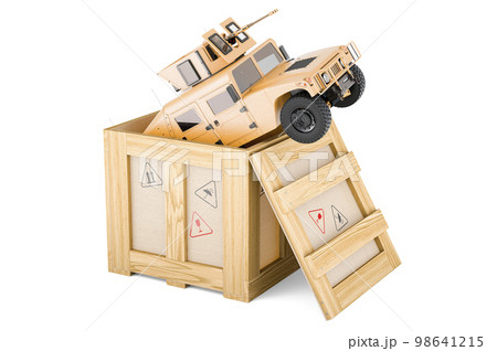 High Mobility Multipurpose Wheeled Vehicle inside wooden box, delivery concept. 3D rendering High Mobility Multipurpose Wheeled Vehicle inside wooden box, delivery concept. 3D rendering 98641215