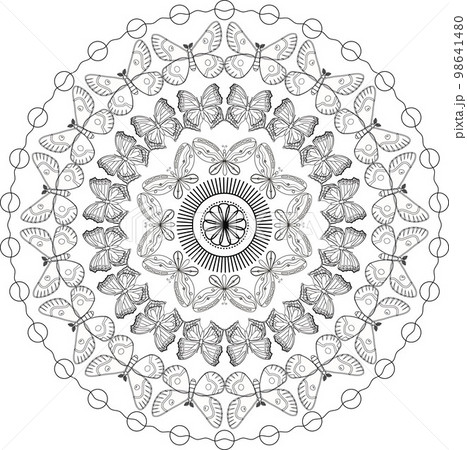 Mandala vector black on white for coloring, round ornament decorating. Many butterflies, different butterflies, beautiful creative decorative elements. Aboriginal folk art bohemian unusual style 98641480