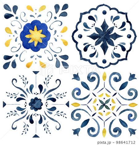 Watercolor Mediterranean tiles set of yellow and blue elements. Hand painted traditional illustration isolation on white background for design, print, fabric or background. Watercolor Mediterranean tiles set of yellow and blue elements. Hand painted traditional illustration isolation on white background for design, print, fabric or background. 98641712