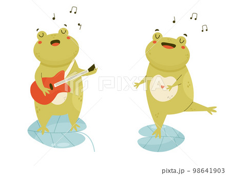 Cute happy frogs singing and playing the guitar standing on a water leaf 98641903