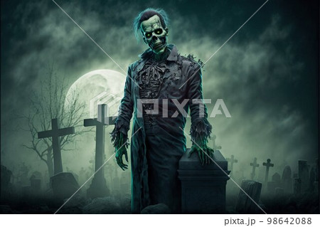 Zombie horror on graveyard among the graves at the night. Generative Ai Zombie horror on graveyard among the graves at the night. Generative Ai 98642088