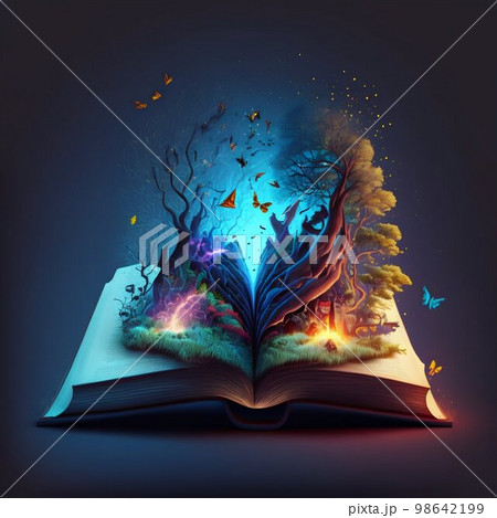 Open magic fantasy book with lights. Generative Ai 98642199