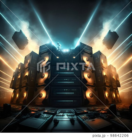 Big sound system on concert stage. Generative AI 98642206