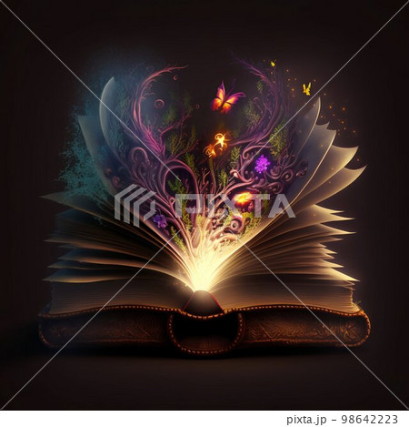 Open magic fantasy book with lights. Generative Ai 98642223