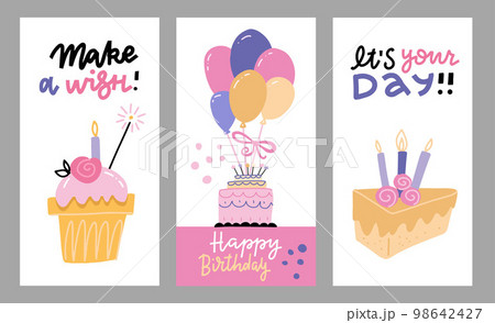 Set of hand drawn flat doodle illustrations for birthday greeting cards, party invitations, birthday website banners, celebration material. Collection of postcards with cakes, candles and lettering 98642427