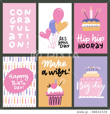 Set of 6 cute creative cards templates with Happy birthday theme design. Hand Drawn card for anniversary, party invitations, scrapbooking. Vector flat hand drawn illustration with lettering 98642428