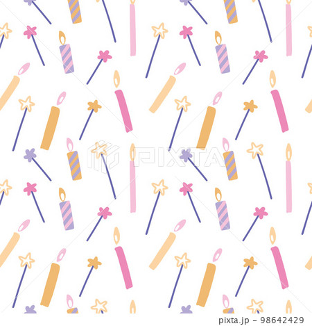 Birthday cake candles and sparklers hand drawn seamless pattern. Presents and gifts festive wrapping paper. Multicolor burning candles with stars ornament. Celebration, greeting postcard backdrop 98642429