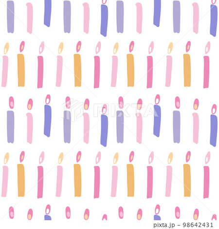 Birthday cake candles seamless pattern. Presents and gifts festive wrapping paper. Multicolor burning candles with stripes ornament. Celebration, greeting postcard backdrop. Flat hand drawn vector 98642431
