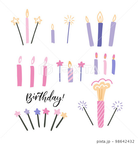 Set of thin colorful striped decorative candles and sparklers with burning flames of wax paraffin for cake. Decoration for holiday, birthday, anniversary, christmas. Vector flat cartoon illustration 98642432