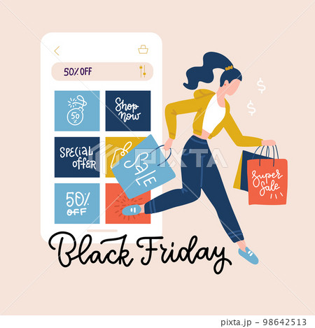 Black friday square banner. Smartphone with shopping order on the screen and happy woman with shopping bags. Online shopping and autumn sales concept. Flat Vector illustration with lettering Black friday square banner. Smartphone with shopping order on the screen and happy woman with shopping bags. Online shopping and autumn sales concept. Flat Vector illustration with lettering 98642513