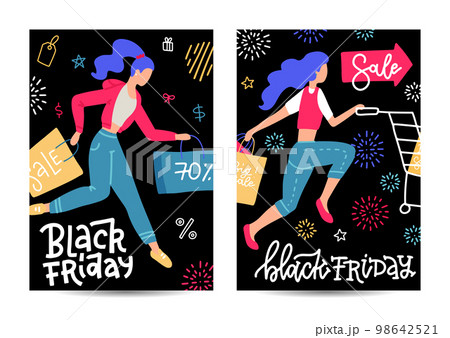 Set of vertical A4 Banners for Black Friday sale. Women running for shopping with cart and paper bags in hands. Flat Vector illustration 98642521