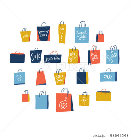 Set of 21 shopping paper bags on white background. Vector flat illustration with hand drawn lettering. Elements for Big Black Friday sale. 98642543