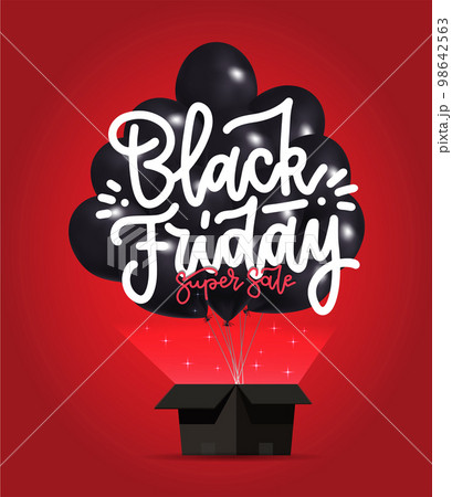 Black Friday Sale Poster with Dark Shiny Balloons Bunch flying from open black box. Vector realistic 3d illustration. Red shiny background with light and lettering text. 98642563