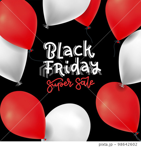 Super Sale poster background with red and white realistic balloons. Square flyers invitation, poster, brochure, banner. Decoration Element for party or celebrations. Vector illustration with lettering 98642602