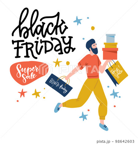 Black Friday guy runs to the store on sale. Male shopper holding bags and boxes. Yoand man with beard on shopping. Flat design vector illustration with lettering. 98642603