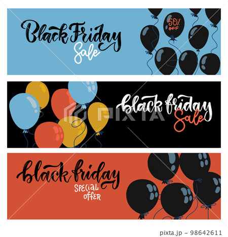 Black Friday Sale Horisontal Web Banners set. Flying flat Balloons on Blue, Black and Red Backgroun. Shopping Day sale offer, banner template. Autumn Shop poster design. Vector hand drawn lettering. 98642611