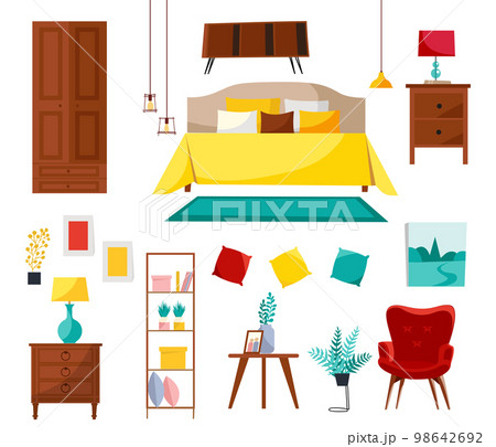 Bedroom interior collection with double bed, nightstands, wardrobe, shelf, armchair, stuff. Set of bedroom furniture. Modern design isolated on white background Flat cartoon style vector illustration 98642692