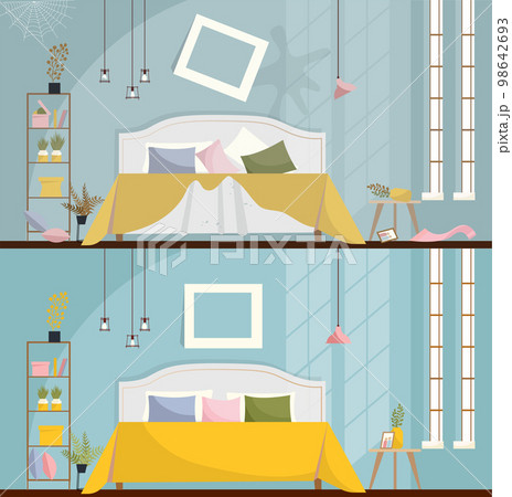 Bedroom before and after cleaning. Dirty room Interior with scattered Furniture and items. Bedroom interior with a bed, nightstands, wardrobe and large windows. Flat cartoon style vector illustration. 98642693
