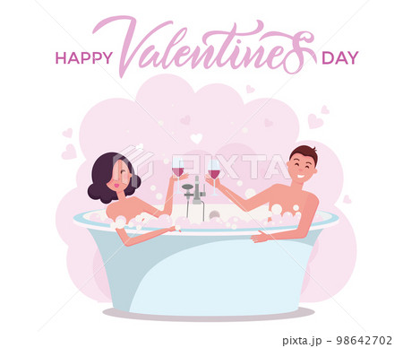 Happy valentines day card with lettering. Couple in bath drinking red wine in bathrub taking bubbled bath, romantic couple in love. date in pink steam with hearts . Flat cartoon vector illustration Happy valentines day card with lettering. Couple in bath drinking red wine in bathrub taking bubbled bath, romantic couple in love. date in pink steam with hearts . Flat cartoon vector illustration 98642702