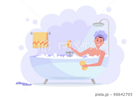 Man in shower cap taking bath with the shower. Happy funny guy in bubble bathtub, relaxing with yellow duck and washcloth. Bathtub with steam on a white background. Flat cartoon vector illustration 98642705