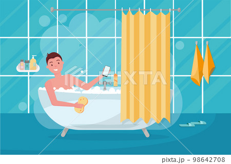 Young man in bathtub bubble foam. Bathroom home interior with bath in tile with shower curtain. Guy holding washcloth and using smartphone.picture on personal hygiene. Flat cartoon vector illustration 98642708