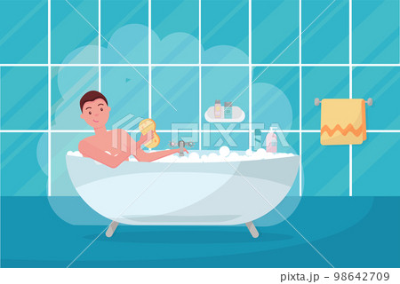 Young man in bathtub bubble foam. Bathroom home interior with bath in tile. Guy holding washcloth. picture on personal hygiene. Flat cartoon vector illustration 98642709