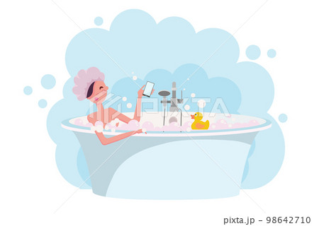 Girl in shower cap taking a bath full of soap foam.Yellow rubber duck in bathtub. Woman takes bath in exquisite bathtub. Relaxing girl in bathroom on white background. Flat cartoon vector illustration 98642710