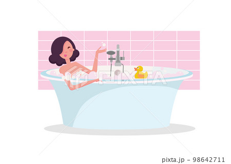 dark hair Girl taking a bath full of soap foam. Yellow rubber duck in bathtub. Exquisite bathtub unusual shape. Flat cartoon vector illustration on white background 98642711