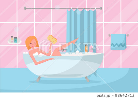 Blond Bob haircut girl in bathtub with washcloth in her hand. Bathroom interior with curtain, tile. Woman taking a bubble bath. Playful pose with leg stuck out of bath.Flat cartoon vector illustration 98642712