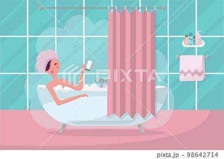 Bathroom interior with curtain, towel and steam. Girl in shower cap taking a bath full of soap foam. Relaxing girl in bathroom with smartphone. Flat cartoon vector illustration 98642714