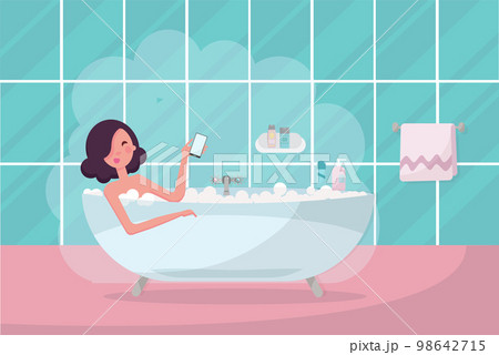 Dark hair girl in bathtub with smartphone in her hand. Bathroom interior with towel and steam. Pretty woman relaxing, taking a bubble bath. Flat cartoon vector illustration 98642715