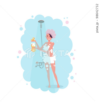 clipart of a happy young woman in shower cap taking a shower in blue steam isolated on white background. Flat cartoon vector illustration. clipart of a happy young woman in shower cap taking a shower in blue steam isolated on white background. Flat cartoon vector illustration. 98642732