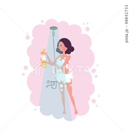 Full length portrait of brunette young beautiful woman taking a shower in the bathroom with sponge. Isolated pink water steam on white background. Flat cartoon vector illustration. Full length portrait of brunette young beautiful woman taking a shower in the bathroom with sponge. Isolated pink water steam on white background. Flat cartoon vector illustration. 98642733