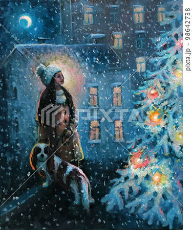 Hand drawn oil picture on canvas - Girl admiring Christmas tree on a walk with a dog. Magical evening on the street. Fine art. Oil painting for greeting cads with space for text. Winter festive mood. 98642738
