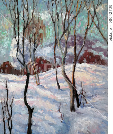 Winter landscape with trees in the snow on a canvas. Original oil painting. Author's painting. Impressionism oil picture 98642739
