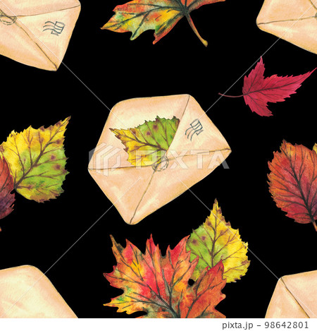 Yellow and red autumn leaves. Seamless pattern on a black background. Watercolor illustration. Clip art botany foliage. Yellow and red autumn leaves. Seamless pattern on a black background. Watercolor illustration. Clip art botany foliage. 98642801