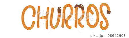 Churros - and drawn lettering word made with churros sticks and chocolate sauce. Vector flat illustration. Churros - and drawn lettering word made with churros sticks and chocolate sauce. Vector flat illustration. 98642903