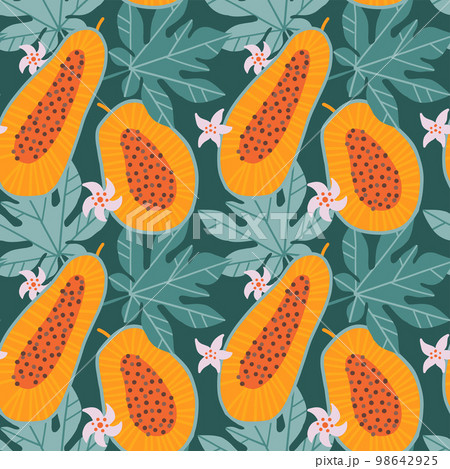 Exotic summer seamless pattern with half papaya on green leaves background. Tropical sweet fruit cut into slices, flowers, leaves, pulp, seeds. Hand drawn vector background colorful jungle fruits Exotic summer seamless pattern with half papaya on green leaves background. Tropical sweet fruit cut into slices, flowers, leaves, pulp, seeds. Hand drawn vector background colorful jungle fruits 98642925
